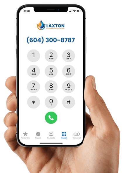 Hand holding a smartphone displaying Laxton Plumbing's contact number (604) 300-8787 on the keypad screen, featuring the company logo. Perfect for those searching for plumber Abbotsford or emergency plumbing services.